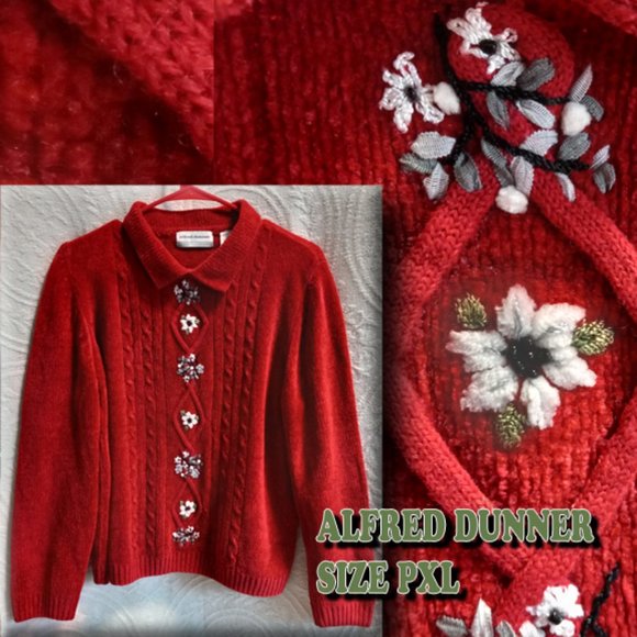 Red Alfred Dunner Cable Knit Chenille Sweater With Floral Embroidery Size PXL - Picture 1 of 12